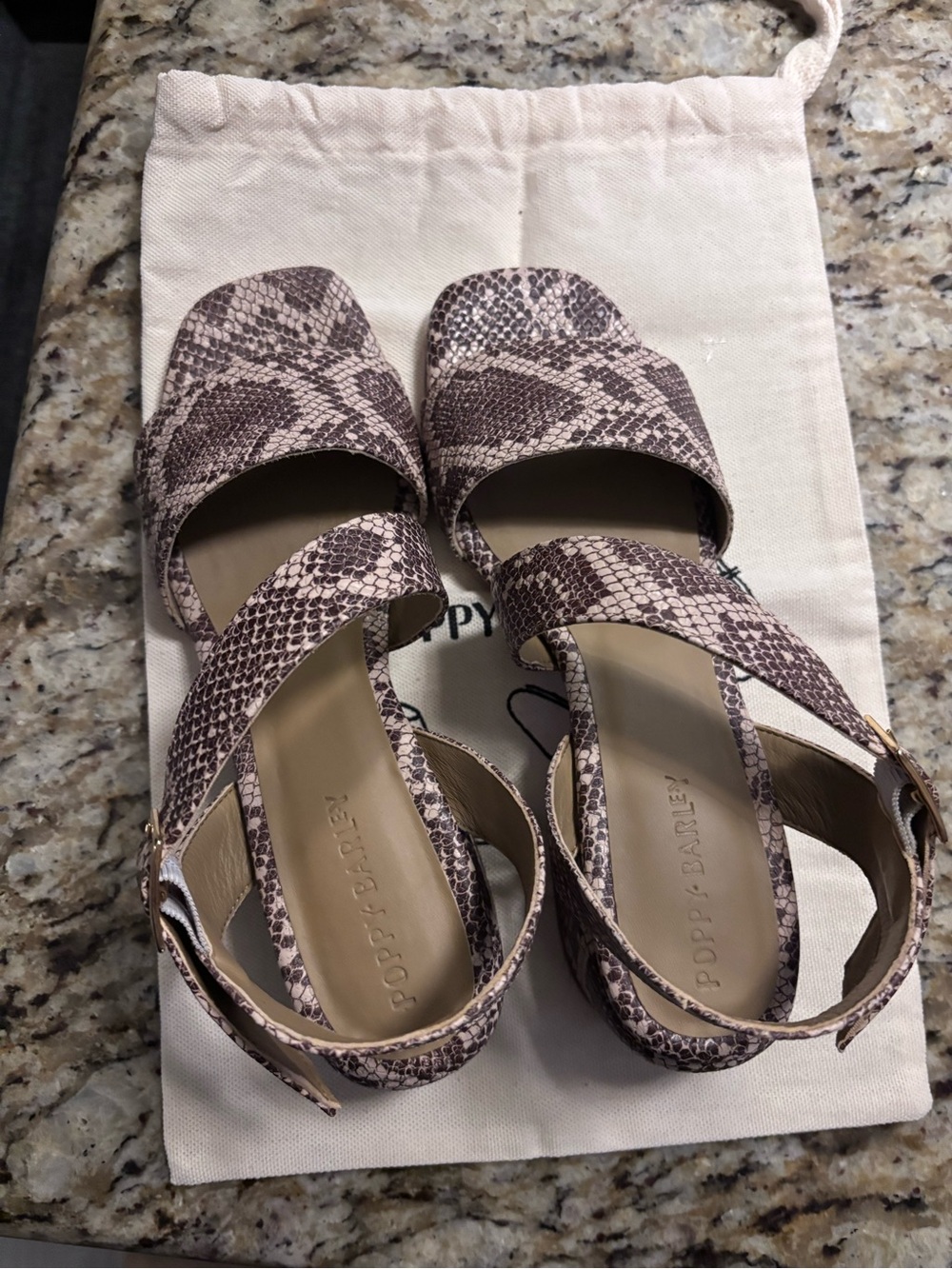 Poppy Barley The Soirée Heeled Women's Snake-Print Pink Tan Sandals